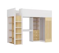 Lit mezzanine 90 x 190 cm avec bureau et penderie - Coloris : Blanc et naturel - LORINTI