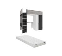 Lit mezzanine 90 x 200 cm avec armoire et bureau - Anthracite et blanc + matelas - NICOLAS II