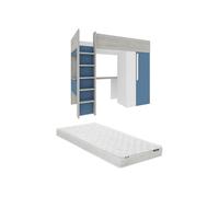Lit mezzanine 90 x 200 cm avec armoire et bureau - Bleu et blanc + matelas - NICOLAS