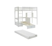 Vente-unique - Lit Mezzanine 90 x 200 cm avec Bureau, Sofa Convertible et rangements - Pin Massif - Blanchi + Matelas - Goliath III - pour Enfant