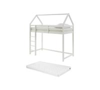Vente-unique - Lit Mezzanine cabane 90 x 190 cm - Pin - Blanc + Matelas - TARZIA - pour Enfant