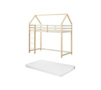 Vente-unique - Lit Mezzanine cabane 90 x 190 cm - Pin Massif - Beige et Naturel + Matelas - TARZIA - pour Enfant
