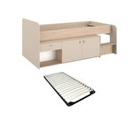 Lit mi-hauteur 90 x 190/200 cm avec rangements - Beige et naturel + Sommier - LUNOBI