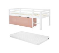Vente-unique - Lit mi-Hauteur 90 x 190 cm avec Rangement - Pin et MDF - Blanc et Rose + Matelas - LANIORI - pour Enfant