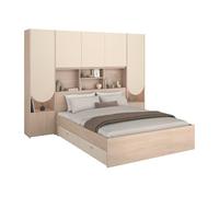 Vente-unique - Lit Pont 140 x 190 cm avec rangements - avec LEDs - Coloris : Beige et Naturel - DOMELITO