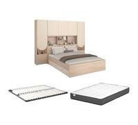 Vente-unique - Lit Pont 140 x 190 cm avec rangements - avec LEDs - Coloris : Beige et Naturel + Sommier + Matelas - DOMELITO
