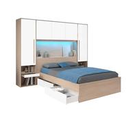 Lit pont 140 x 190 cm avec rangements - Avec LEDs - Coloris : Naturel et blanc brillant - VELONA