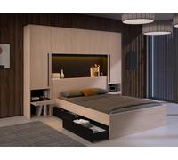 Lit pont 140 x 190 cm avec rangements - Avec LEDs - Coloris : Naturel et noir - VELONA