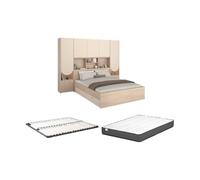 Vente-unique - Lit Pont 160 x 200 cm avec rangements - avec LEDs - Coloris : Beige et Naturel + Sommier + Matelas - DOMELITO