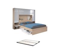 Lit pont 160 x 200 cm avec rangements - avec LEDs - Coloris : Naturel et blanc brillant + Sommier - VELONA
