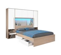 Lit pont 160 x 200 cm avec rangements - avec LEDs - Coloris : Naturel et blanc brillant - VELONA