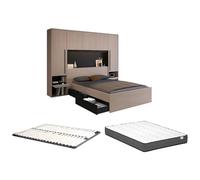 Lit pont 160 x 200 cm avec rangements - Avec LEDs - Coloris : Naturel et noir + Sommier + Matelas - VELONA
