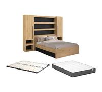 Lit pont 160 x 200 cm avec rangements - Avec LEDs - Coloris : Naturel et noir + Sommier + Matelas - VARLY