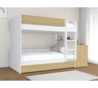 Vente-unique - Lit superposé avec tiroir lit gigogne et 2 Bureaux 3 x 90 x 190 cm - Coloris : Blanc et Naturel - DOMATI - pour Enfant
