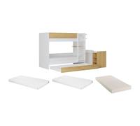 Lit superposé avec tiroir lit gigogne et 2 bureaux 3 x 90 x 190 cm - Coloris : Blanc et naturel + Matelas - DOMATI