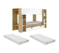 Lits superposés 2 x 90 x 200 cm avec rangements et penderie - Blanc et naturel + Matelas - OSANA