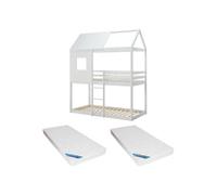 Lits superposés cabane 2 x 90 x 190 cm - Pin et MDF - Blanc + Matelas - LIDOVARA