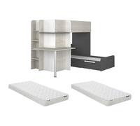 Lits superposés d'angle 2 x 90 x 190 cm - Avec bureau - Gris, blanc et noir + Matelas - SAMUEL
