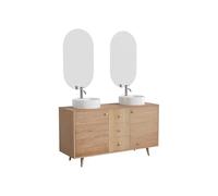 Vente-unique - Meuble de Salle de Bain en chêne Massif avec Vasque à Poser Ronde, Miroir et Robinet - Naturel Clair - 145 cm - ZARENO