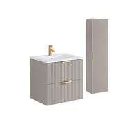 Meuble de salle de bain strié avec vasque à encastrer et colonne - Coloris beige - 60 cm - ZEVARA