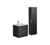 Meuble de salle de bain strié avec vasque à encastrer et colonne - Noir - 60 cm - ZEVARA