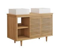 Vente-unique - Meuble de Salle de Bain sur Pieds en Teck avec Double Vasque à Poser carrée en céramique - L120 cm - TORAJA