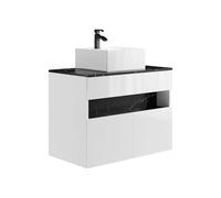 Meuble de salle de bain suspendu à LEDs avec vasque à poser - Blanc et noir effet marbre - L80 cm - POZEGA