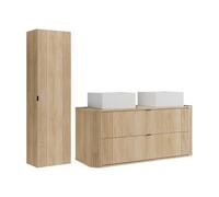 Vente-unique - Meuble de Salle de Bain Suspendu avec Double Vasque à Poser carrée et Colonne - Naturel Clair - 120 cm - FILOR
