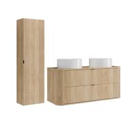 Vente-unique - Meuble de Salle de Bain Suspendu avec Double Vasque à Poser Ronde et Colonne - Naturel Clair - 120 cm - FILOR