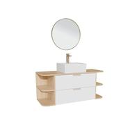 Vente-unique - Meuble de Salle de Bain Suspendu avec niches, Vasque à Poser carrée, Robinet et Miroir - Blanc et Naturel Clair - L120 cm - AVORELI