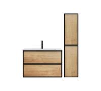 Vente-unique - Meuble de Salle de Bain Suspendu avec Vasque à encastrer et Colonne - Coloris Naturel Clair et Noir - 80 cm - LANNICK