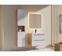 Vente-unique-Meuble de Salle de Bain Suspendu avec Vasque à encastrer et Colonne - Coloris Naturel et Blanc - 80 cm - Aruba