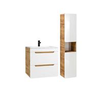 Vente-unique - Meuble de Salle de Bain Suspendu avec Vasque à encastrer et Colonne - Coloris Naturel et Blanc - 60 cm - Aruba