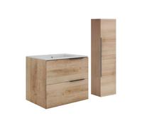 Meuble de salle de bain suspendu avec vasque à encastrer et colonne - Naturel clair - 60 cm - NISAYA