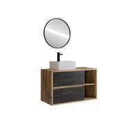 Vente-unique - Meuble de Salle de Bain Suspendu avec Vasque carrée, Robinet et Miroir - Coloris Naturel et Anthracite - 100 cm - TIKITIKI