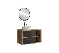 Vente-unique - Meuble de Salle de Bain Suspendu avec Vasque Ronde, Robinet et Miroir - Coloris Naturel et Anthracite - 100 cm - TIKITIKI