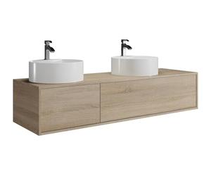 Vente-unique - Meuble de Salle de Bain Suspendu Coloris Naturel Clair avec Double Vasque à Poser Ronde - L150 cm - ISAURE II