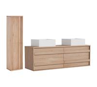 Vente-unique - Meuble de Salle de Bain Suspendu en chêne Massif avec Double Vasque à Poser carrée et Colonne - Naturel Clair - 150 cm - SARLO