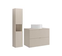 Vente-unique - Meuble de Salle de Bain Suspendu en Chevrons avec Vasque à Poser Ronde et Colonne - Beige - 80 cm - DORIONI