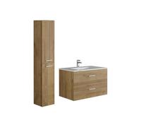 Vente-unique - Meuble de Salle de Bain Suspendu Simple Vasque avec Colonne de Rangement - Coloris Naturel Clair - 80 cm - Kayla