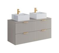 Vente-unique-Meuble de Salle de Bain Suspendu strié avec Double Vasque à Poser carrée - Beige - L120 cm - ZEVARA