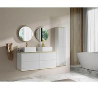 Vente-unique - Meuble de Salle de Bain Suspendu strié avec Double Vasque à Poser carrée et Colonne - Blanc - 120 cm - KELIZA