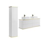 Vente-unique - Meuble de Salle de Bain Suspendu strié avec Double Vasque à Poser carrée et Colonne - Blanc - 150 cm - KELIZA