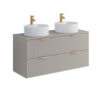 Vente-unique-Meuble de Salle de Bain Suspendu strié avec Double Vasque à Poser Ronde - Beige - L120 cm - ZEVARA