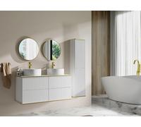 Vente-unique - Meuble de Salle de Bain Suspendu strié avec Double Vasque à Poser Ronde et Colonne - Blanc - 120 cm - KELIZA