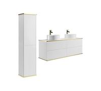 Vente-unique - Meuble de Salle de Bain Suspendu strié avec Double Vasque à Poser Ronde et Colonne - Blanc - 150 cm - KELIZA