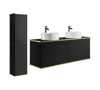 Vente-unique - Meuble de Salle de Bain Suspendu strié avec Double Vasque à Poser Ronde et Colonne - Noir - 120 cm - KELIZA