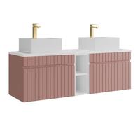 Vente-unique - Meuble de Salle de Bain Suspendu strié avec niches et Double Vasque à Poser carrée et Robinet - Rose - L140 cm - SATARA