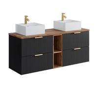 Vente-unique-Meuble de Salle de Bain Suspendu strié avec niches et Double Vasque à Poser carrée - Noir et Naturel Clair - L140 cm - ZEVARA
