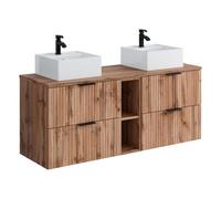 Vente-unique-Meuble de Salle de Bain Suspendu strié avec niches et Double Vasque à Poser Ronde - Naturel Clair - L140 cm - ZEVARA
